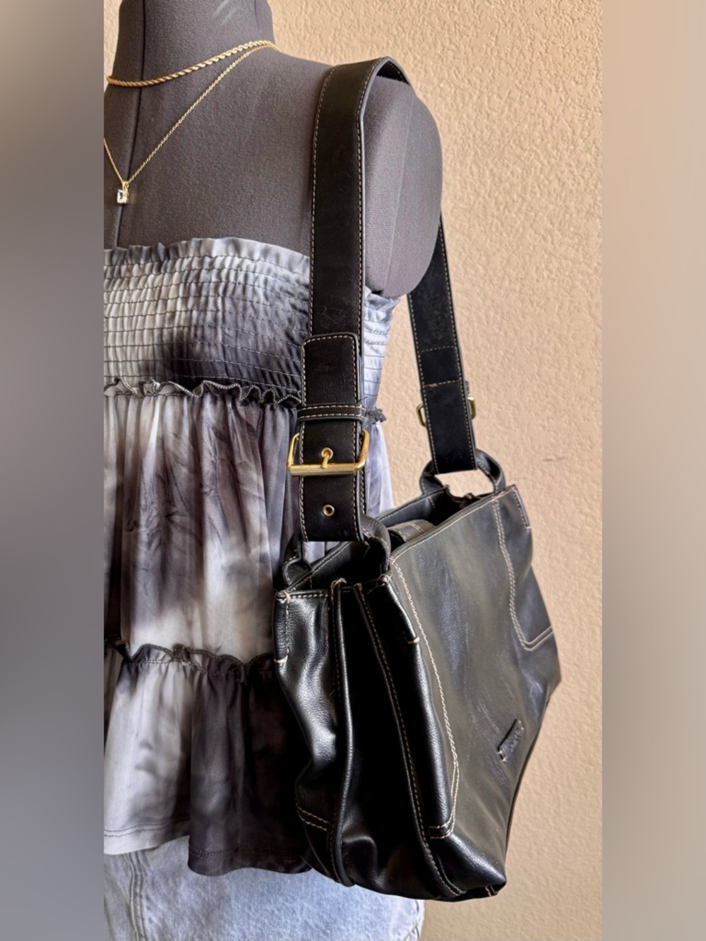 Vintage 90s Black Contrast Stitching Shoulder Bag Purse Nine & Co
